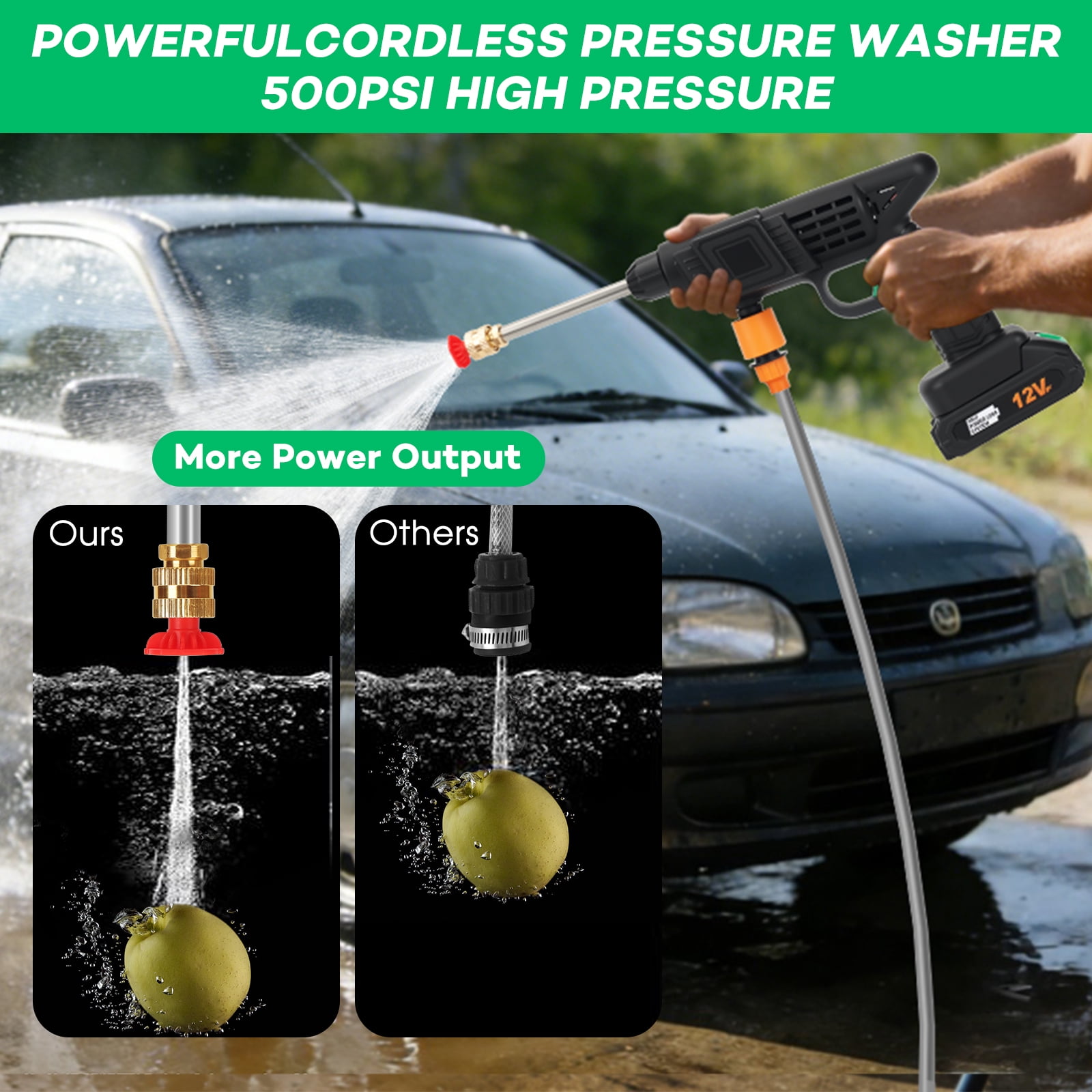 500 PSI Cordless Pressure Washer for 12V Battery,Portable Handheld Power Washer , 2 Batteries, 3-in-1 Swivel Nozzle, 16.41FT Hose,for Car Yard Fence Wall Cleaning and Garden