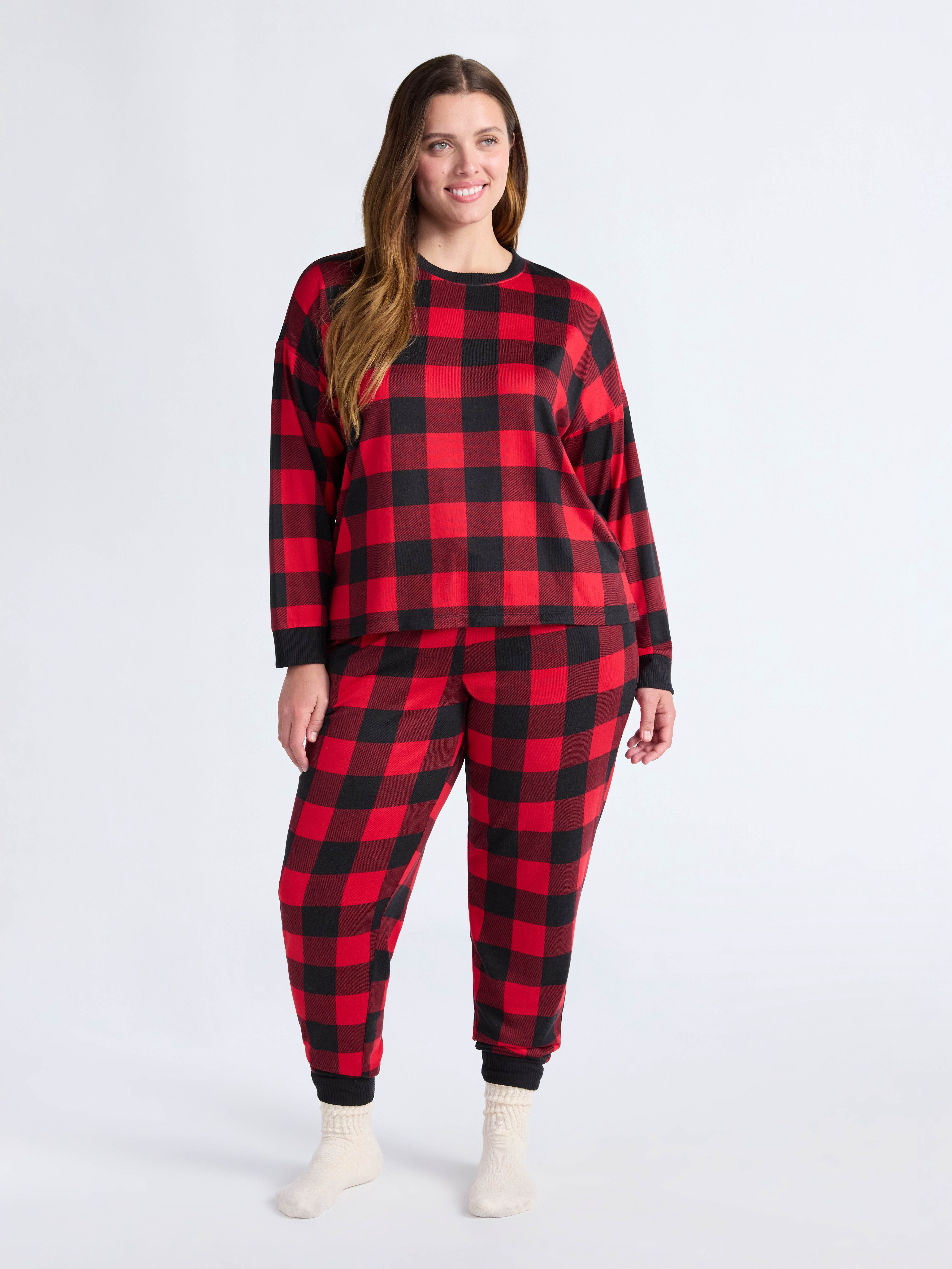Joyspun Women's Cozy Lounge Collection Hacci Knit Long Sleeve Top and Joggers Pajama Set, Sizes XS-3X