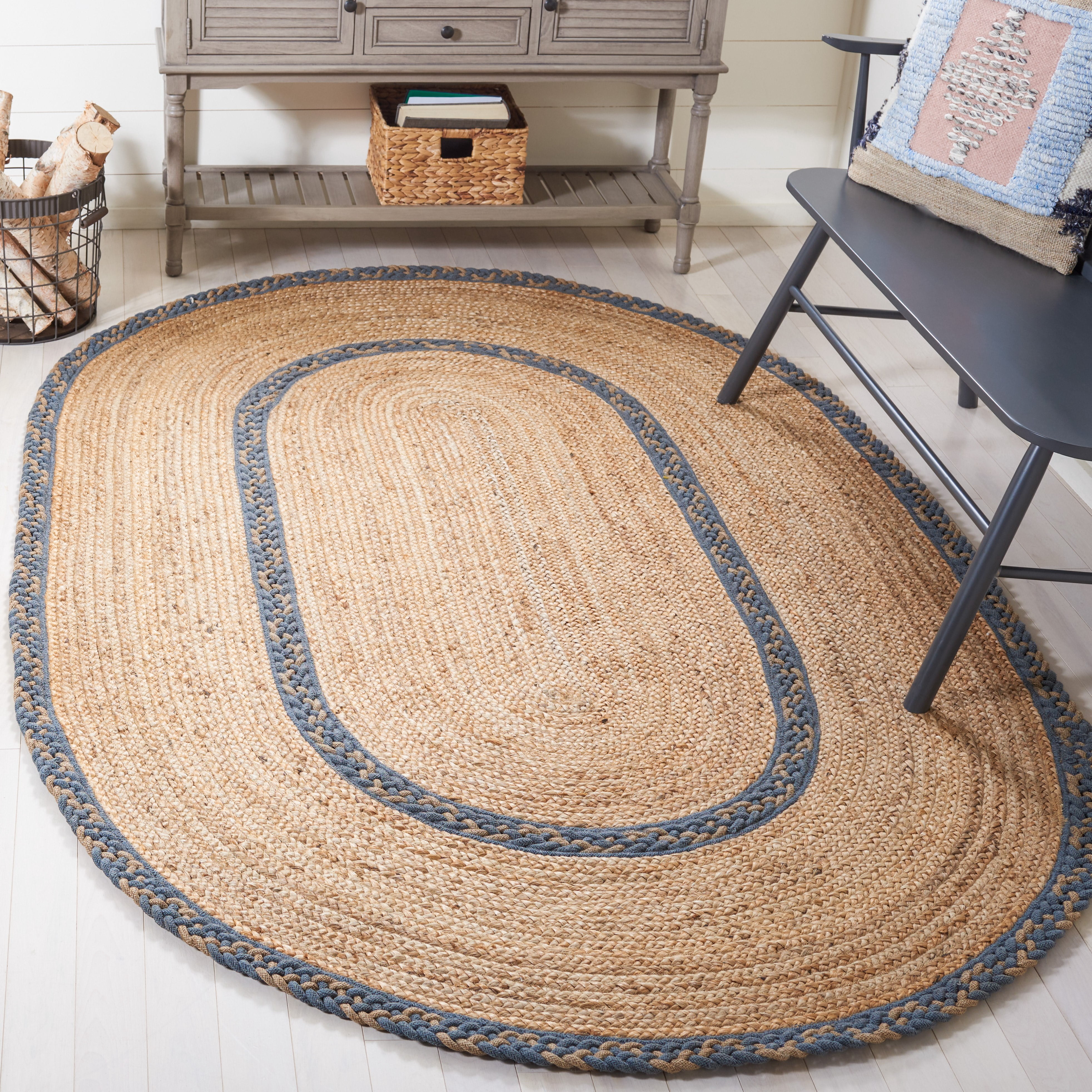 SAFAVIEH Natural Fiber Joshua Bordered Area Rug, Natural/Grey, 5' x 8' Oval
