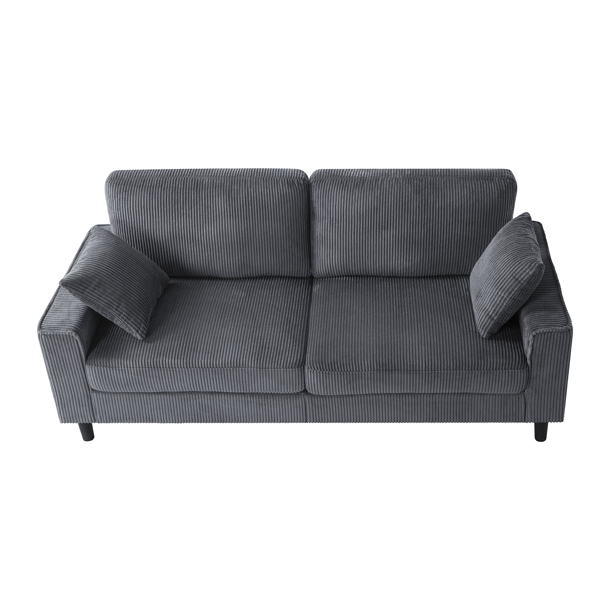 Aukfa 82" Square Arm Sofa 3 Seat Deep Seat Upholstered Couch for Living Room Bedroom, 2 Pillows, Corduroy, Dark Gray