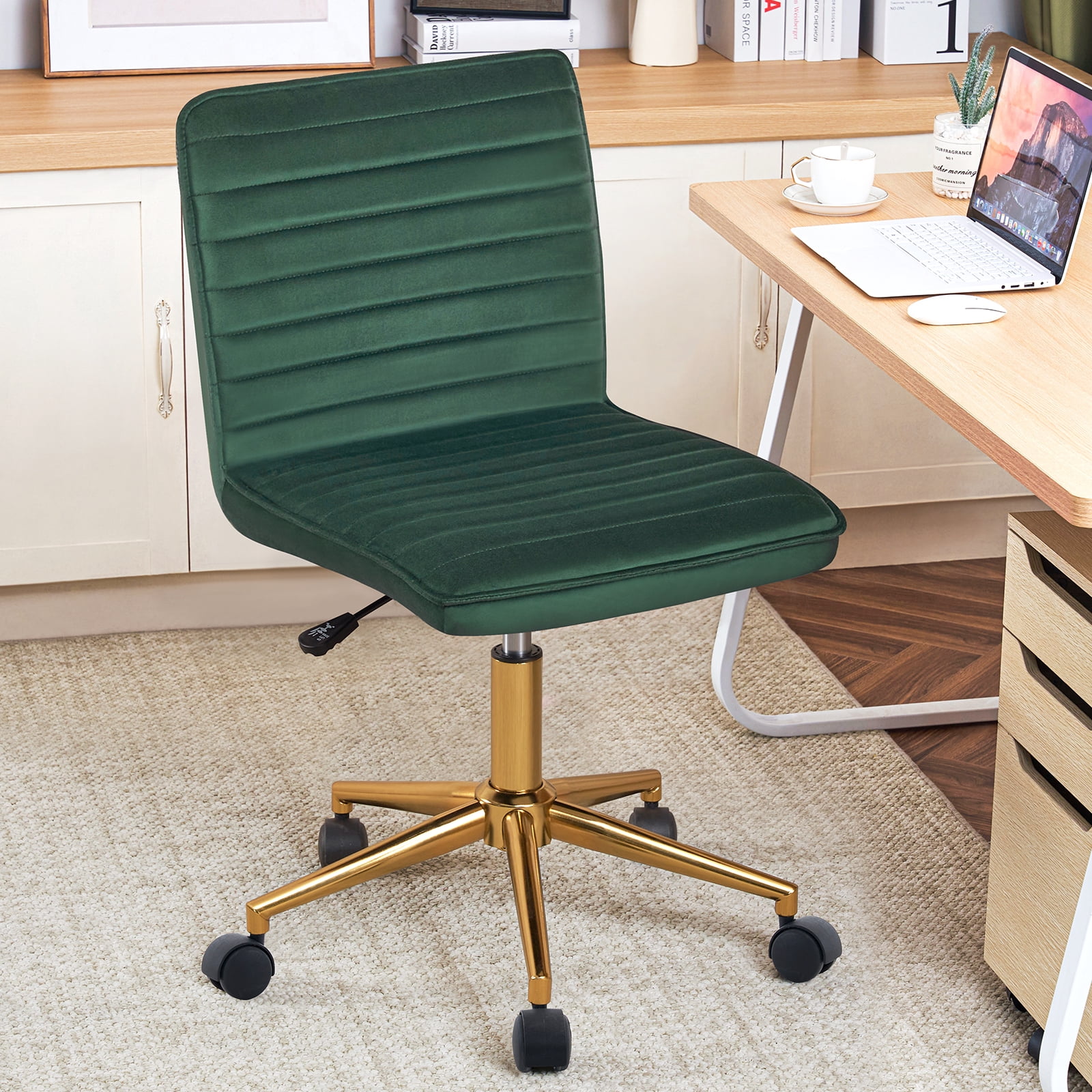 Furniliving Velvet Armless Mid-Back  Task Chair Swivel Office Chair Rolling Computer Chair Adjustable Vanity Chair, Dark Green