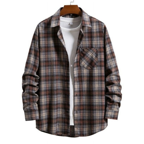 Blusa y camisa de manga larga con cuello vuelto para hombre, blusa informal de moda con estampado a cuadros y bolsillos, blusa de manga larga para hombre