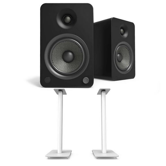 Kanto YU6MB 200W Bookshelf Speakers with Bluetooth - Matte Black (Pair) with Kanto SP26PLW 26" Fixed-Height Stands for Bookshelf Speakers - White (Pair) (2022)