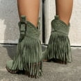 thumbnail image 5 of Women's Long Fringe Wide Calf Cowgirl Boots Boho Casual Suede Chunky Block High Heel Mid Calf Cowboy Dress Short Booties Green Size 7, 5 of 8