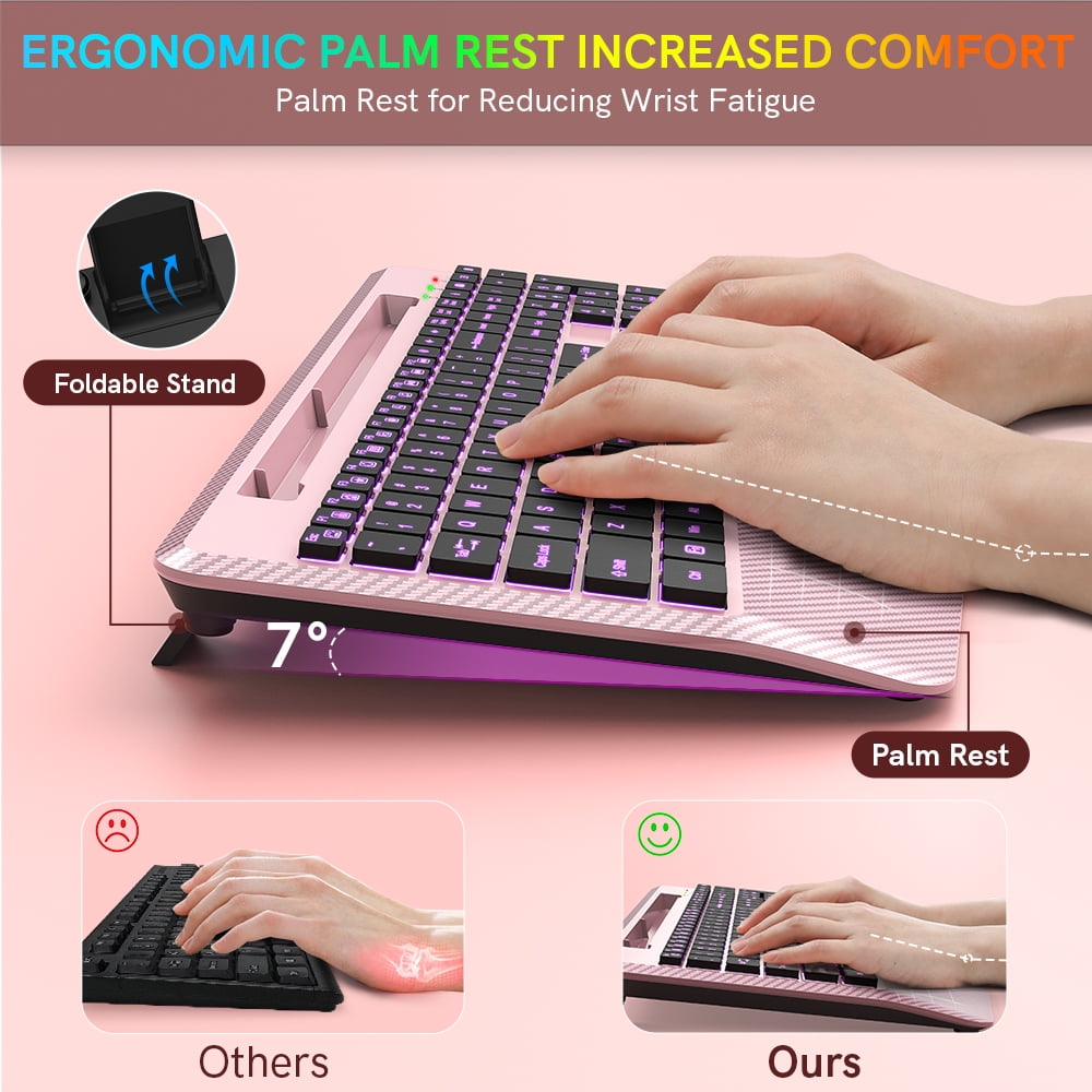 Wagpak Wireless Keyboard with 7 Colored Backlits, 102-Count and Wrist Rest (Rose gold)