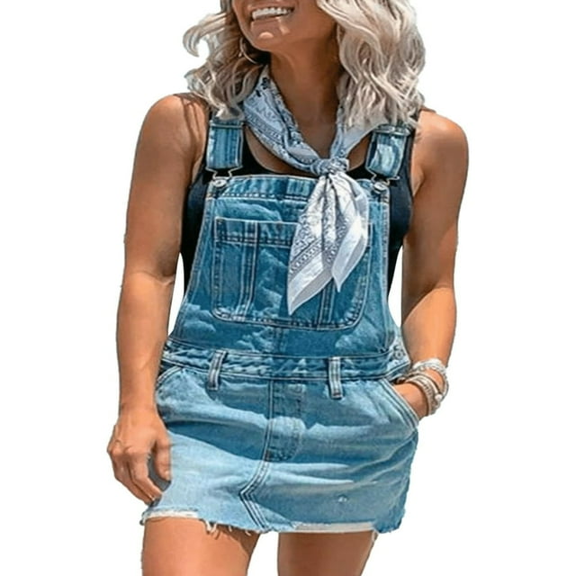 Robe en Denim pour Femmes Jupe à Bretelles Bretelles Ajustables Salopette Jupe à Bavette Combinaison en Jean avec Poches