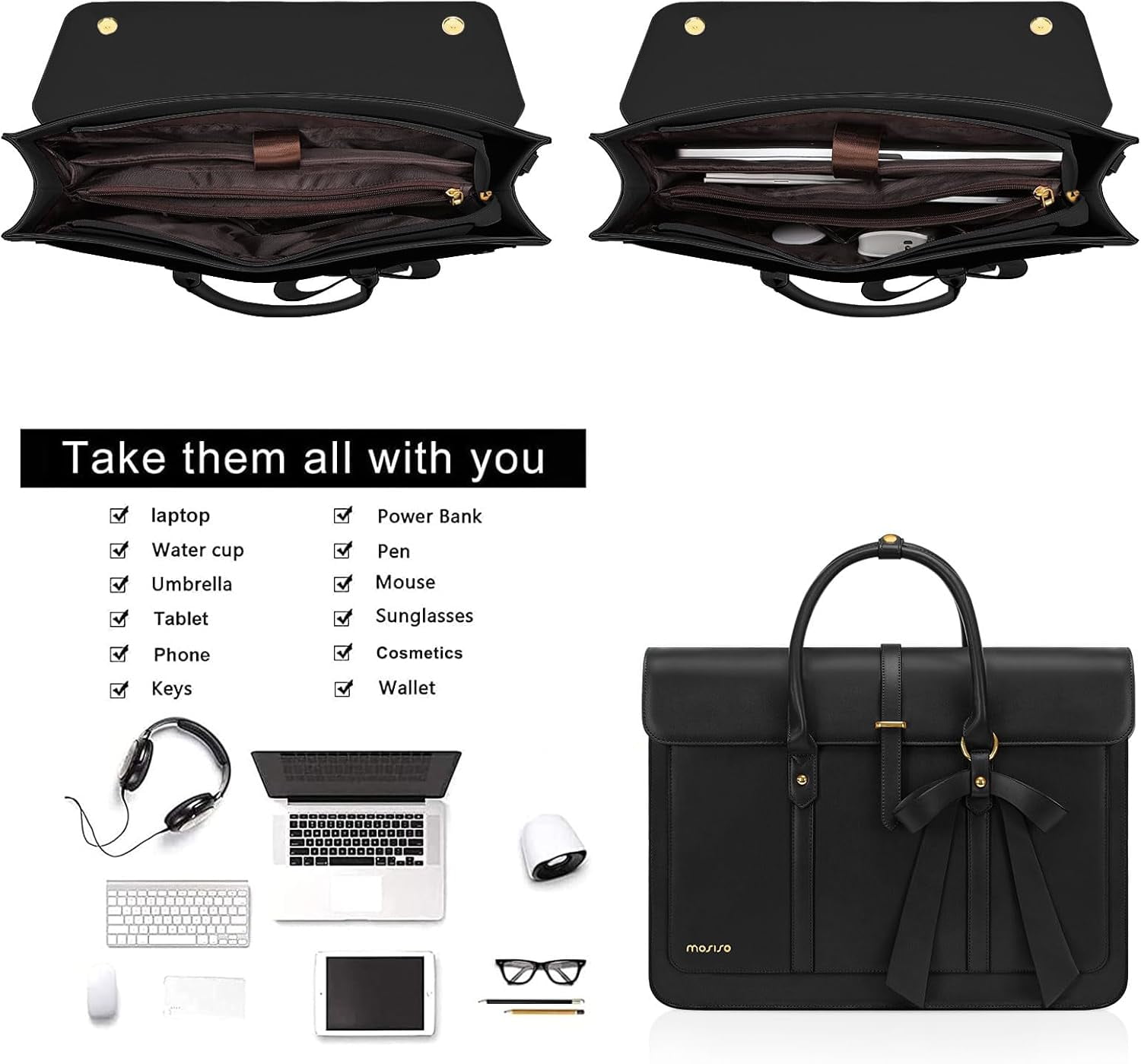 Mosiso Laptop Tote Bag for Women, 15-15.6 inch PU Leather Shoulder Bag Convertible Backpack, Casual Travel Handbag Office Work Computer Briefcase, Black