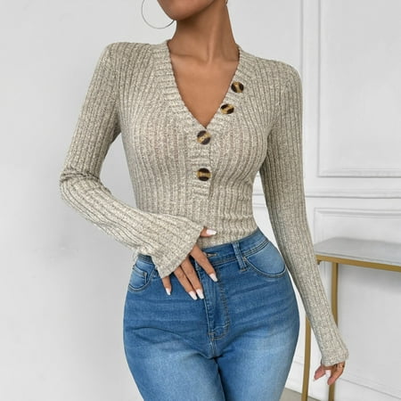 SNKSDGM Women s Plus Casual Easter Shirts Summer Tops for Women 2025 Trendy Women s Ribbed Knit Long Sleeve Bodysuit Casual V Neck Bodysuit In Solid Colors for Autumn Summer Tops for Women 2025
