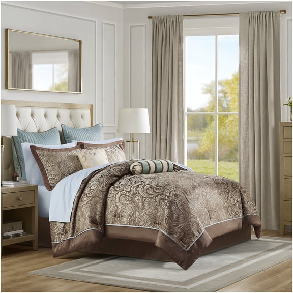 JERFIT 12-Piece Queen Comforter Set with 200 Thread Count Cotton Sheets, Blue Brown Paisley Bedding Ensemble