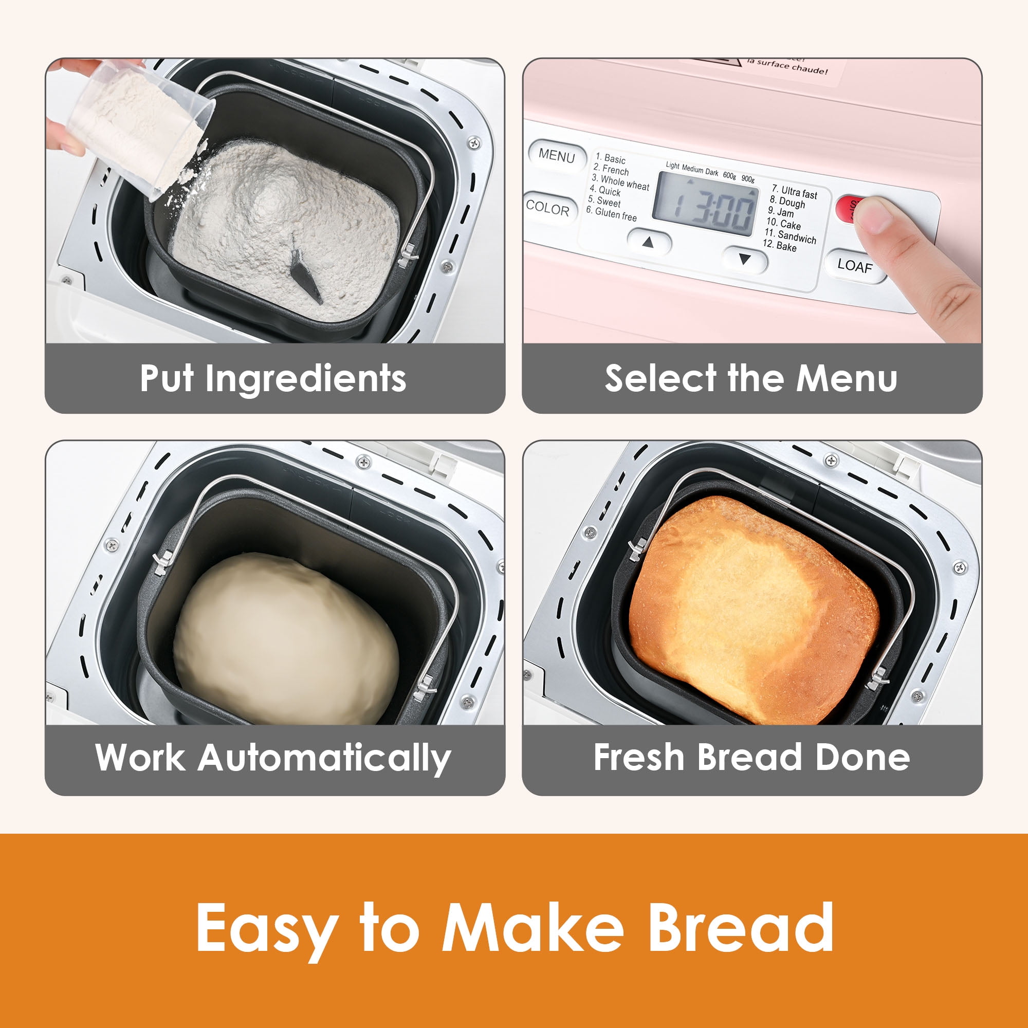 Kitchen in the Box 2lb Bread Maker with Auto Fruit Nut Dispenser, 12-in-1 Gluten-Free Bread Machine, 13H Delay Timer, Nonstick Pan, Keep Warm, Pink