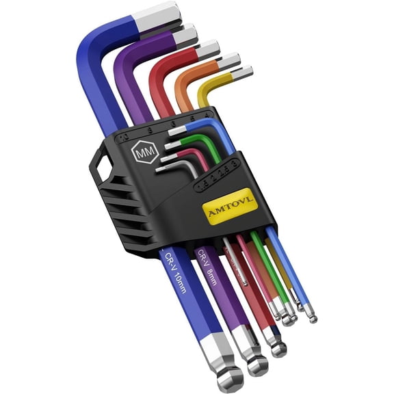 AMTOVL Metric Hex Key Set - 9PCS Ball End Wrenches (1.5-10mm), Color-Coded & Anti-Slip for Vehicles, Bikes, DIY Repairs