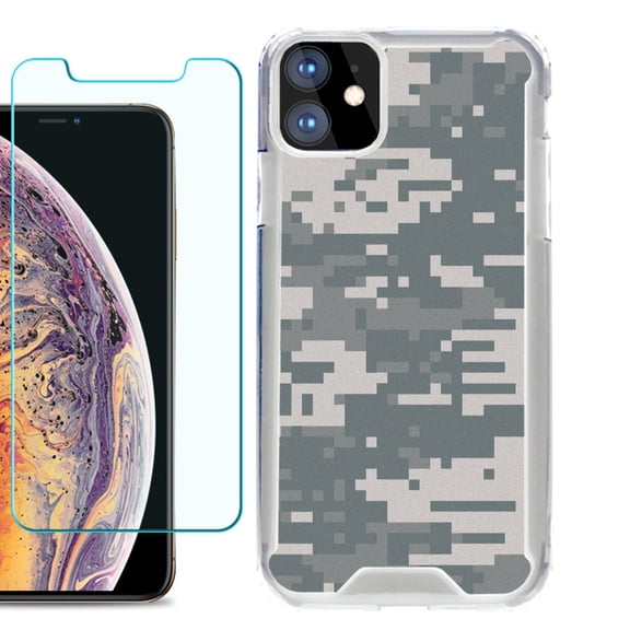 For Apple iPhone 11 Case, Hybrid Bumper Phone Case, with Tempered Glass Screen Protector, by OneToughShield ® - Digital Camo