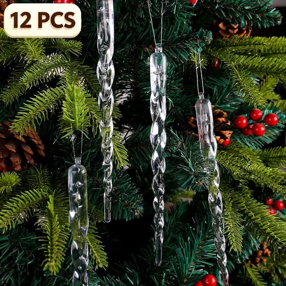 12 PCS Plastic Hanging Transparent Simulation Icicle Ornaments, Clear Icicle Bar Hanging Pendants, Indoor Outdoor Decorations for Christmas Tree, Eaves, Wedding Holiday Party