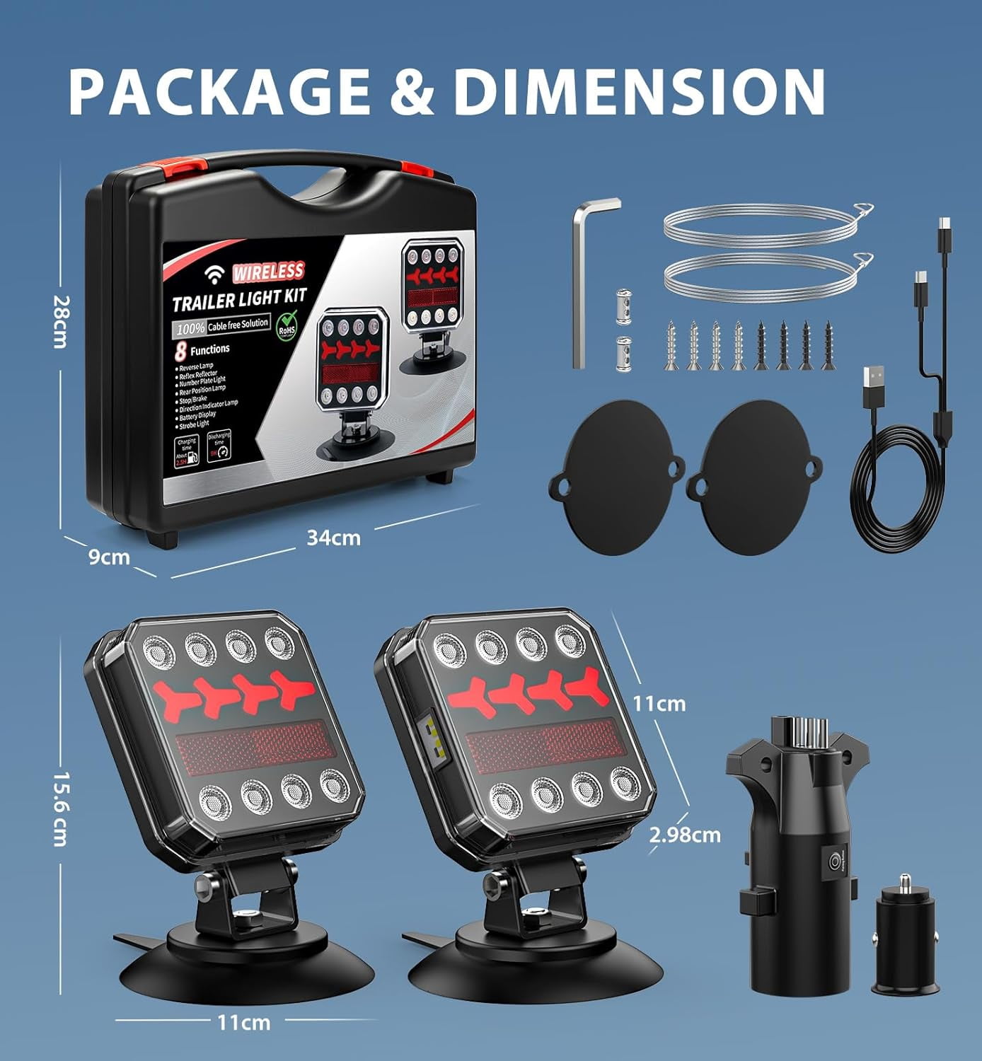 Wireless Magnetic LED Trailer Light Kit, IP67 Waterproof, 100FT Range, USB-C Fast Charging