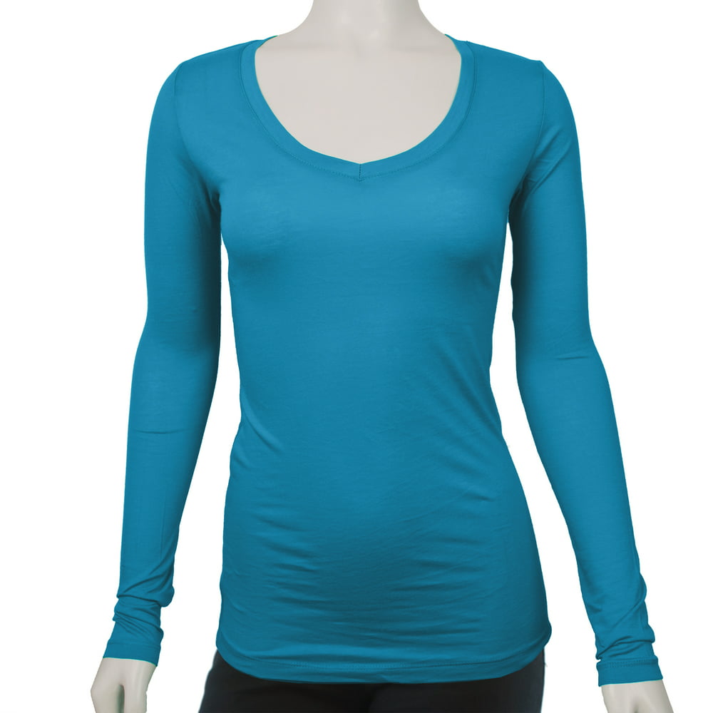 SNJ - Women's Long Sleeve V-Neck Fitted Top Basic T Shirts-Plus Size ...