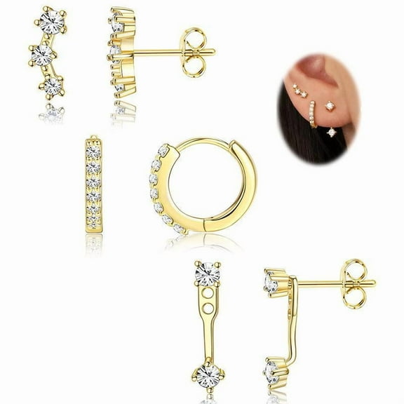 3 Pairs 925 Sterling Silver Hypoallergenic Earrings Set for Multiple Piercing Dainty 14K Gold Plated Stud Huggie Small Hoop Earrings for Women Trendy Cute Earring Stacks for Sensitive Ears