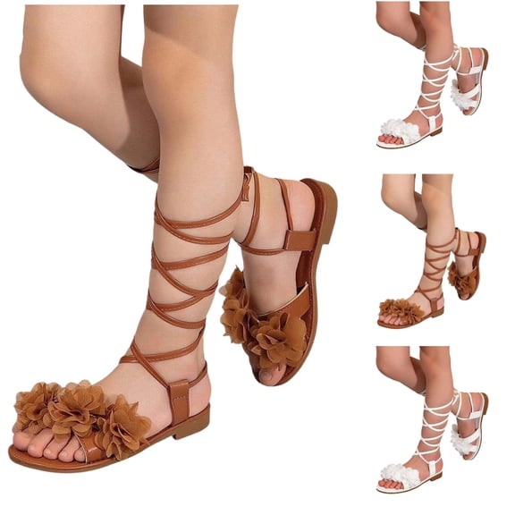 SGFCWSX Girls Sandals Gladiator Lace Up Flower Decor Open Toe Flat Summer Shoes for Beach Party Wear Brown Size 1 Big Kids