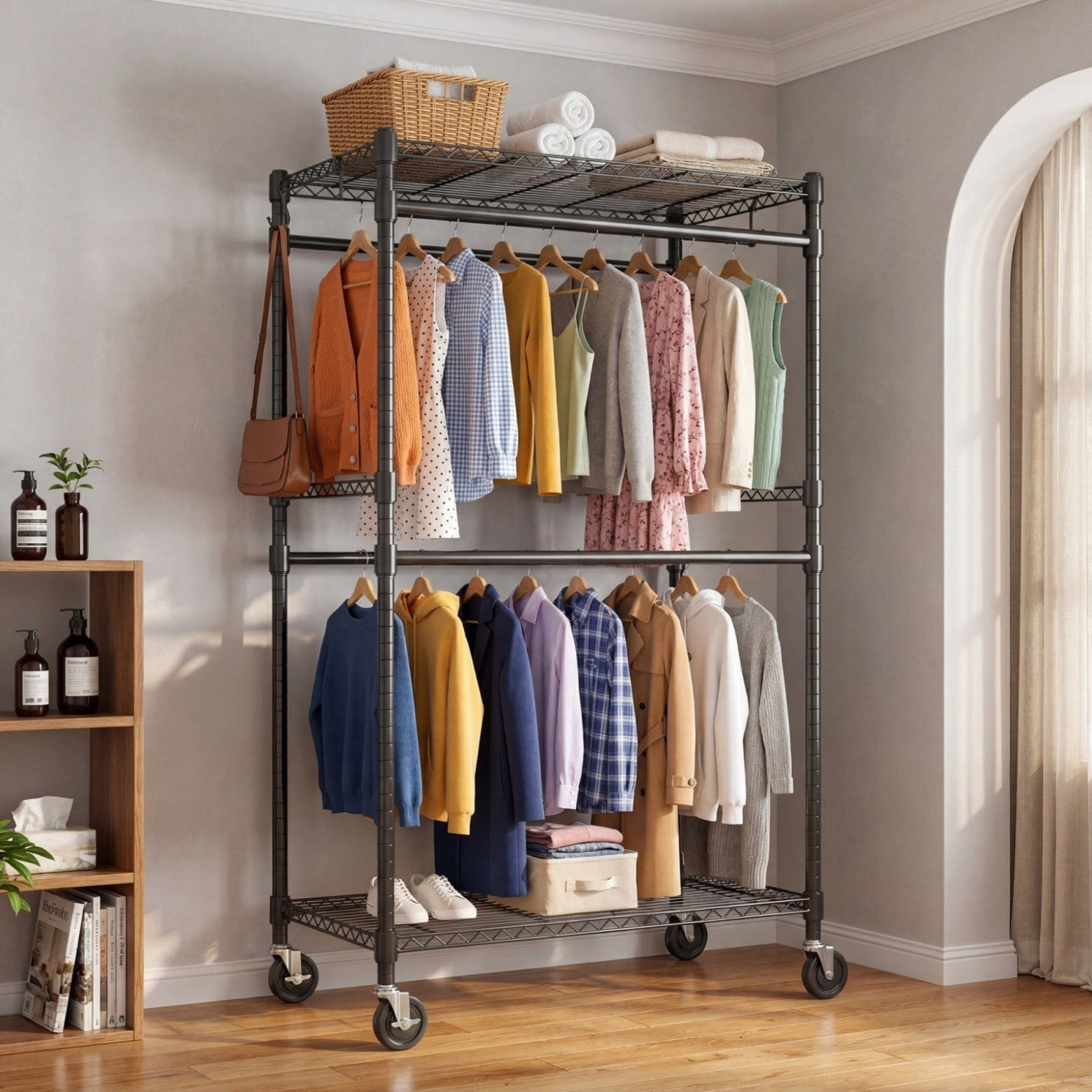 Sailvan Heavy Duty Rolling Clothing Rack, 300LBS Capacity Garment Rack with 4 Hanging Rods & 2 Shelves, Portable Closet, 35.5"W x 80"H,Black
