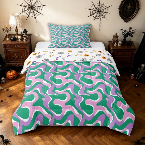 Feelyou Hippie Swirl Twin Comforter Sets, Boho Abstract Bedding Set, Pink Green, Halloween Reversible, 2pcs, 1 Comforter and 1 Pillowcase