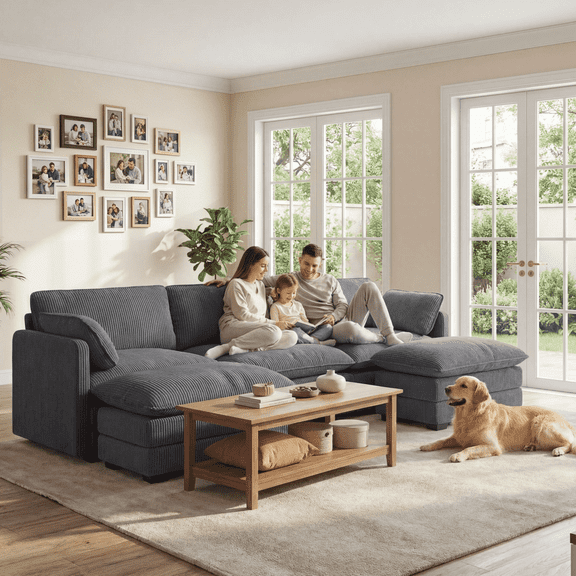 3 Seater Sectional Couches for Living Room, Noelse U Shaped Couch with Double Layer Cushions, Sleeper Sofa Couches with Corduroy Pet-Friendly Fabric for Living Room Bedroom and Apartment, Gray