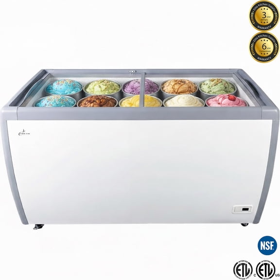 60” NSF Commercial Ice Cream Dipping Cabinet – 10 Tub Display | NSF | R290 | Sliding Glass Top,  Ice Cream Glass Dipping Cabinet Freezer