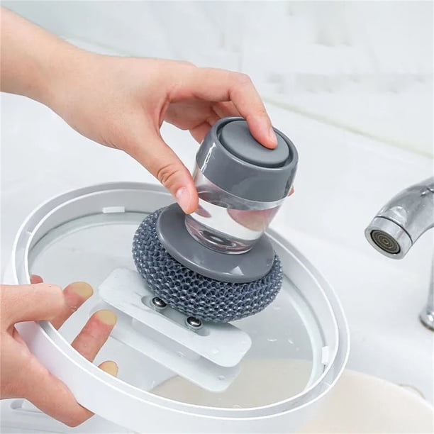 Cepillo automático dispensador de líquidos con bola de alambre de acero - Frotador de acero inoxidable para ollas y sartenes - Cepillo de cocina resistente con depósito de jabón