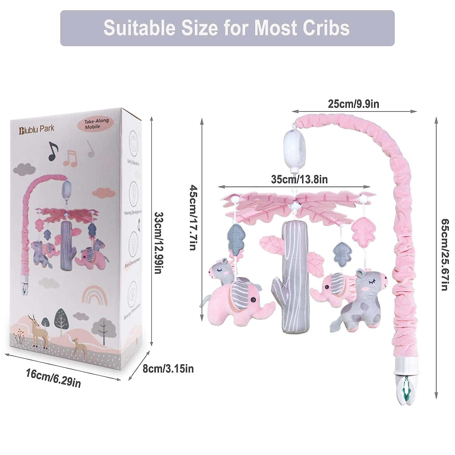 Blublu Park Baby Crib Musical Mobile, Hanging Rotating Toy, Woodland Nursery Decor for Newborn