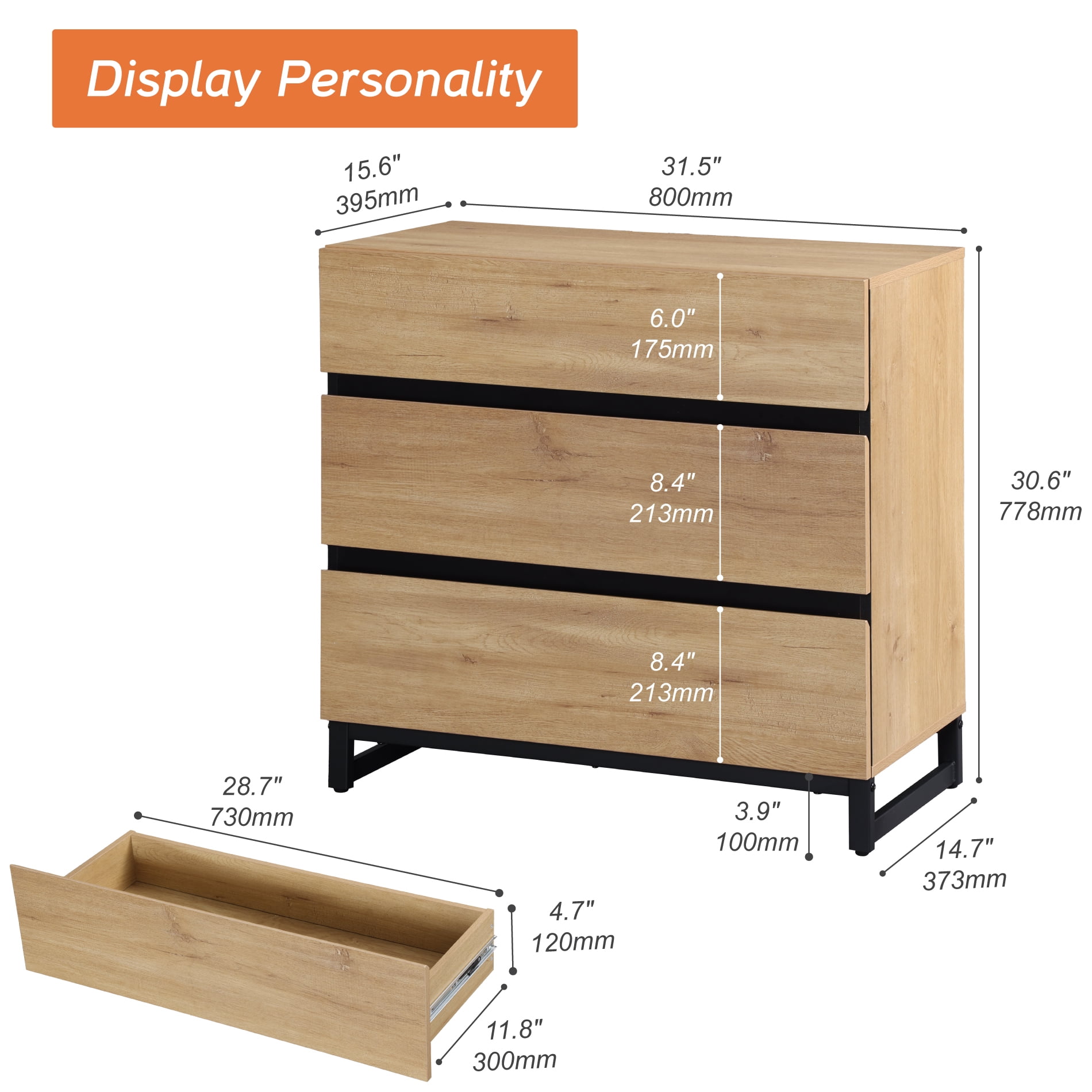 WAMPAT Dresser for Bedroom, Closet Organizers and Storage with 3 Drawers, Chest of Drawers with Metal Base, Modern Wood Dresser for Living Room, Bedroom,Oak
