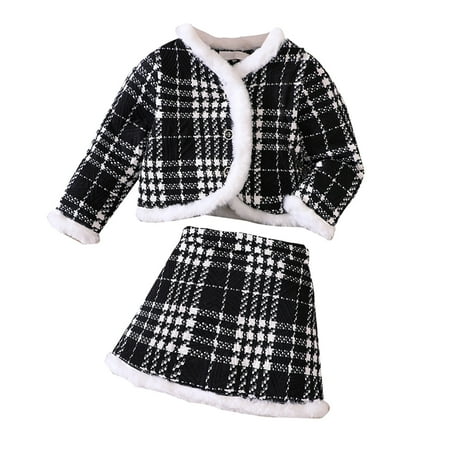 

NKOOGH Toddler Girls Thick Coat Button Tops Lattice Prints Skirts Winter Warm Outerwear Skirt Outfits Fashion Toddler Girls Clothes Black 120