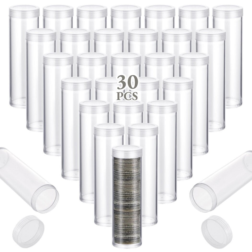 30 PCS Coin Storage Tubes, Quarter Tubes Clear Coin Penny Tube, Plastic
