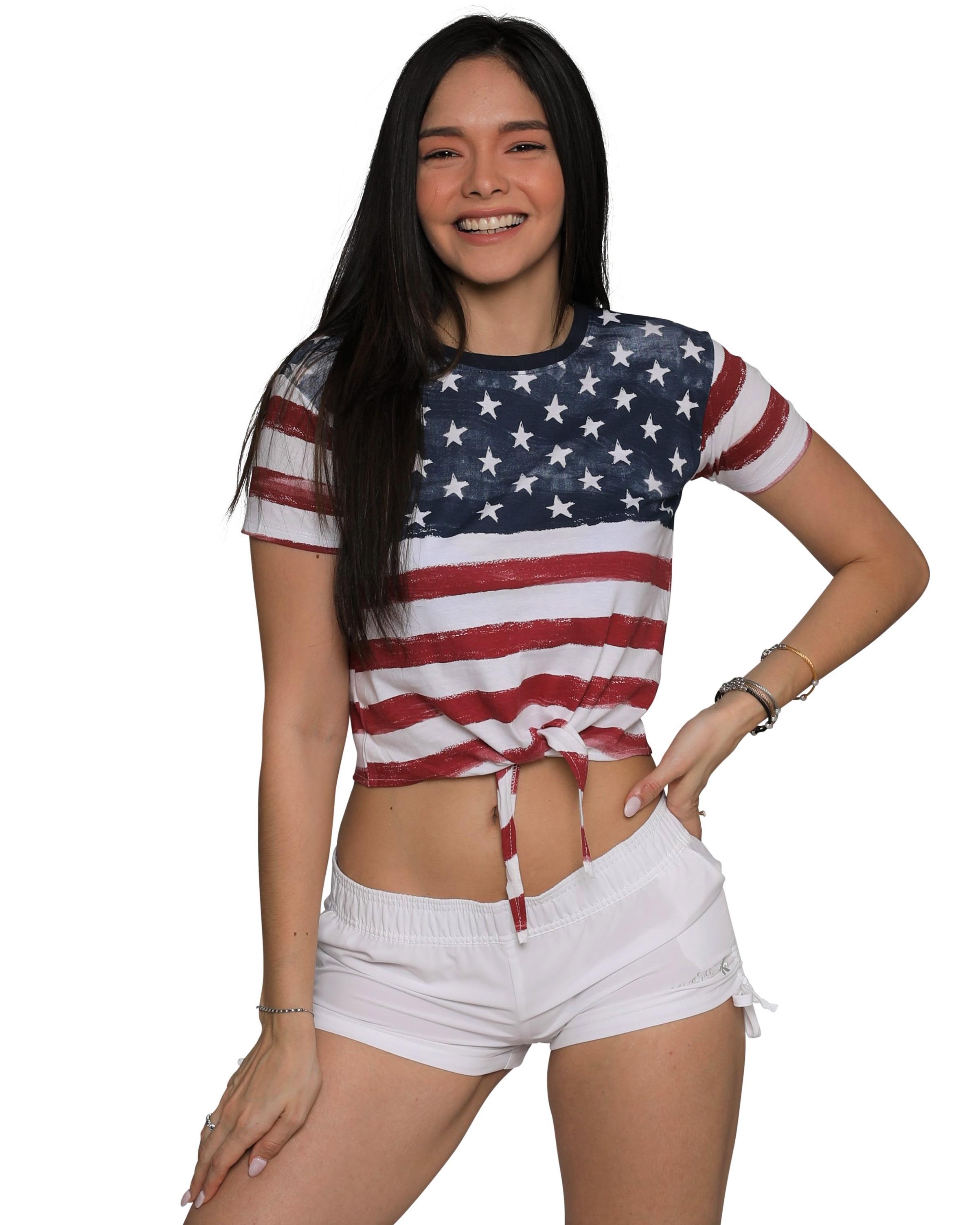 U.S. Vintage Knot Front Cuffed Sleeve / Sleeveless Stars and Stripes Crop Top Tee USA Patriotic T-Shirt, Stars, Size: Large - image 1 of 4