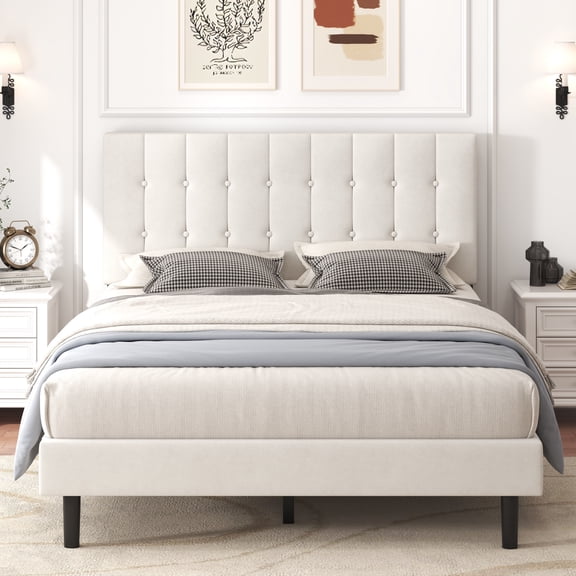 Frameway Queen Velvet Upholstered Platform Bed Frame, Button Tufted Tall Headboard, Wood Slats, No Box Spring Needed, White