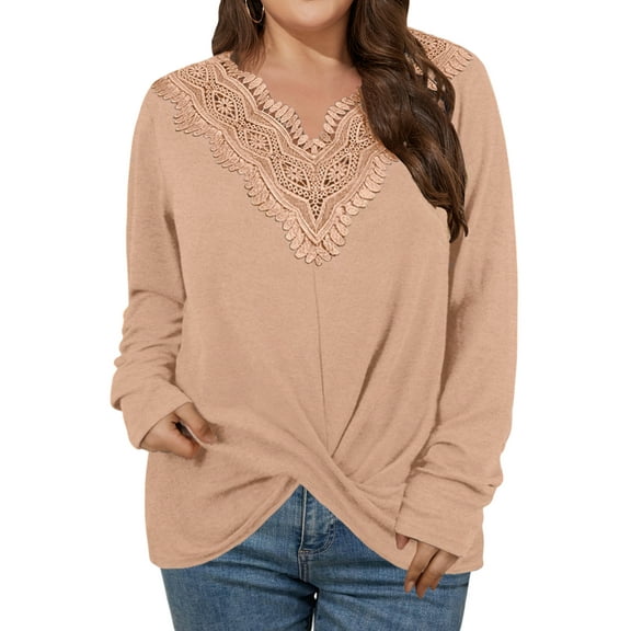 JustVH XL-6XL Long Sleeve Tops for Women Essential Lace Splice Twist Jersey T Shirt