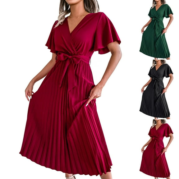 ZZwxWA Women's 2025 Summer Dress Casual Ruffle Wrap Maxi Dress Formal Short Sleeve V Neck Flowy Maxi Dresses Tie Waist Womens Evening Cocktail Party