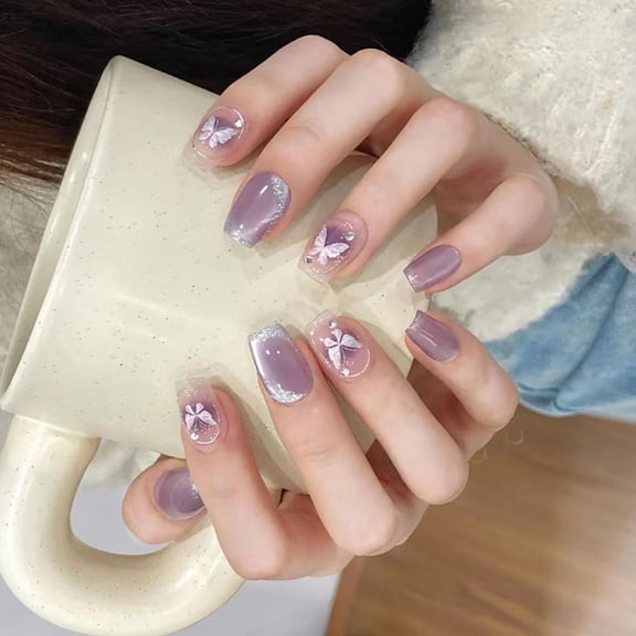 KUFptva Press On Nails Butterfly Designs Fake Nails Stick On Nails Cats Eye Acrylic Fake Nails Gel Polished Glues on Nails 30pcs