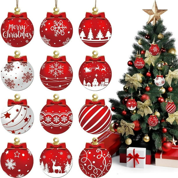12 adornos navideños colgantes de madera | Decoraciones navideñas de madera natural con muñecos de nieve, renos y árboles | Decoración navideña rústica, ecológica y duradera para árboles, paredes,