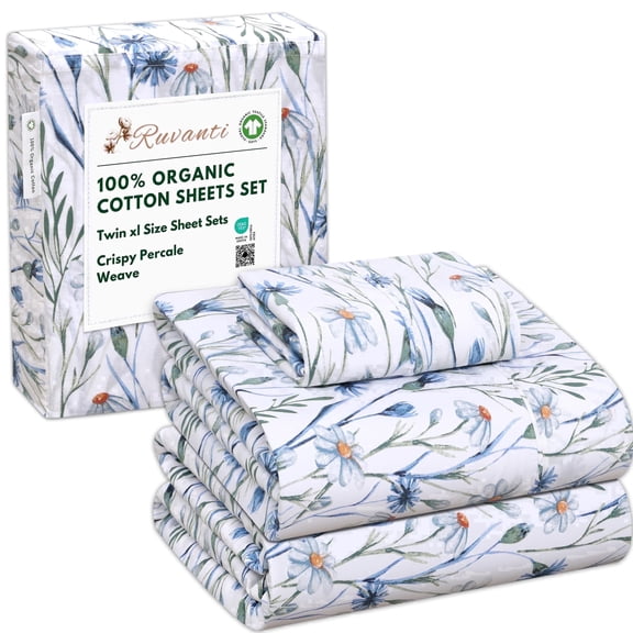 RUVANTI 100% Organic Cotton Sheets - Twin XL Sheet Sets - 3 Piece Percale Weave Bedding, Crisp, Cooling & Breathable, Soft & Durable, 16" Deep Pocket, Hotel Quality Sábanas - Daisy Bud