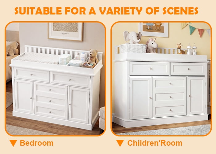 KULAGAGA 46" Dresser with Changing Table Top, White Dresser with Storage Drawers and Doors for Nursery, Multifunctional Dresser with Changing Station, Storage Cabinet for Kids Room