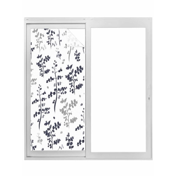 Grey Black Botanical Window Privacy Film, Watercolor Spring Floral Summer Leaf Static Cling UV Sun Blocking Tint Film Heat Control Windows Films for Bedroom Bathroom, Window Stickers 29.5"x78.7"