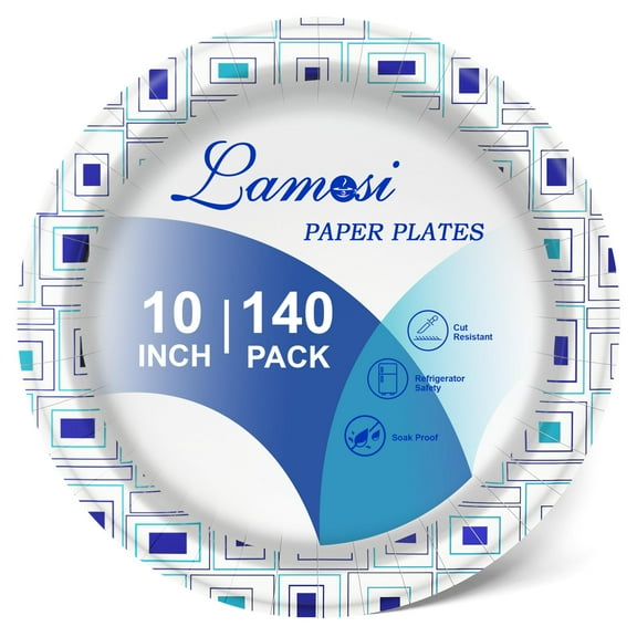 Lamosi 10 Inch Disposable OKA4 Paper Plates, Paper Plates 140 Count, Soak Proof, Cut Proof, Heavy Duty Disposable Plates for Everyday Use, Party, Wedding