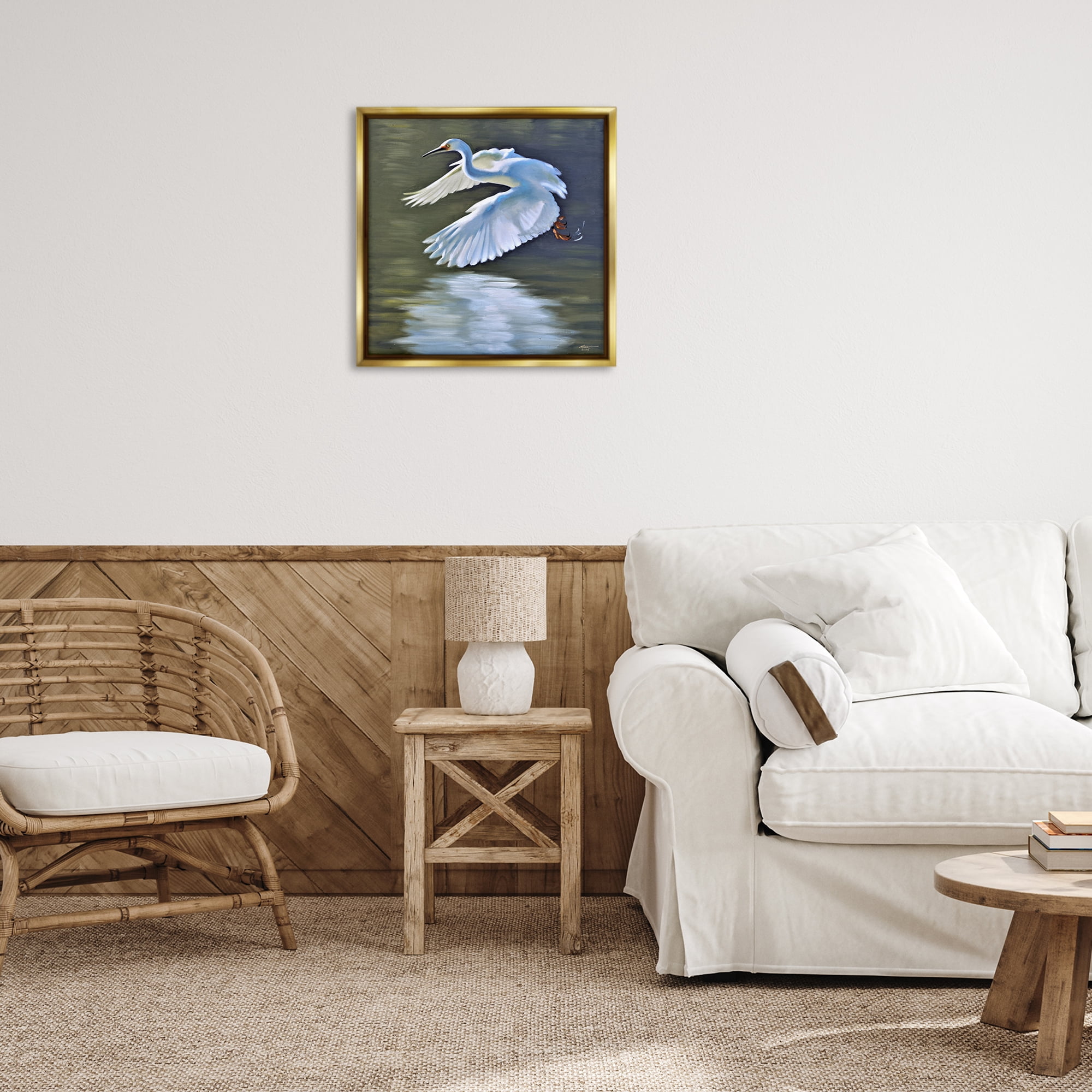 Stupell Industries Egret Flying Lake Surface Animals & Insects Painting Gold Floater Framed Canvas Art Print Wall Art, 25 x 25