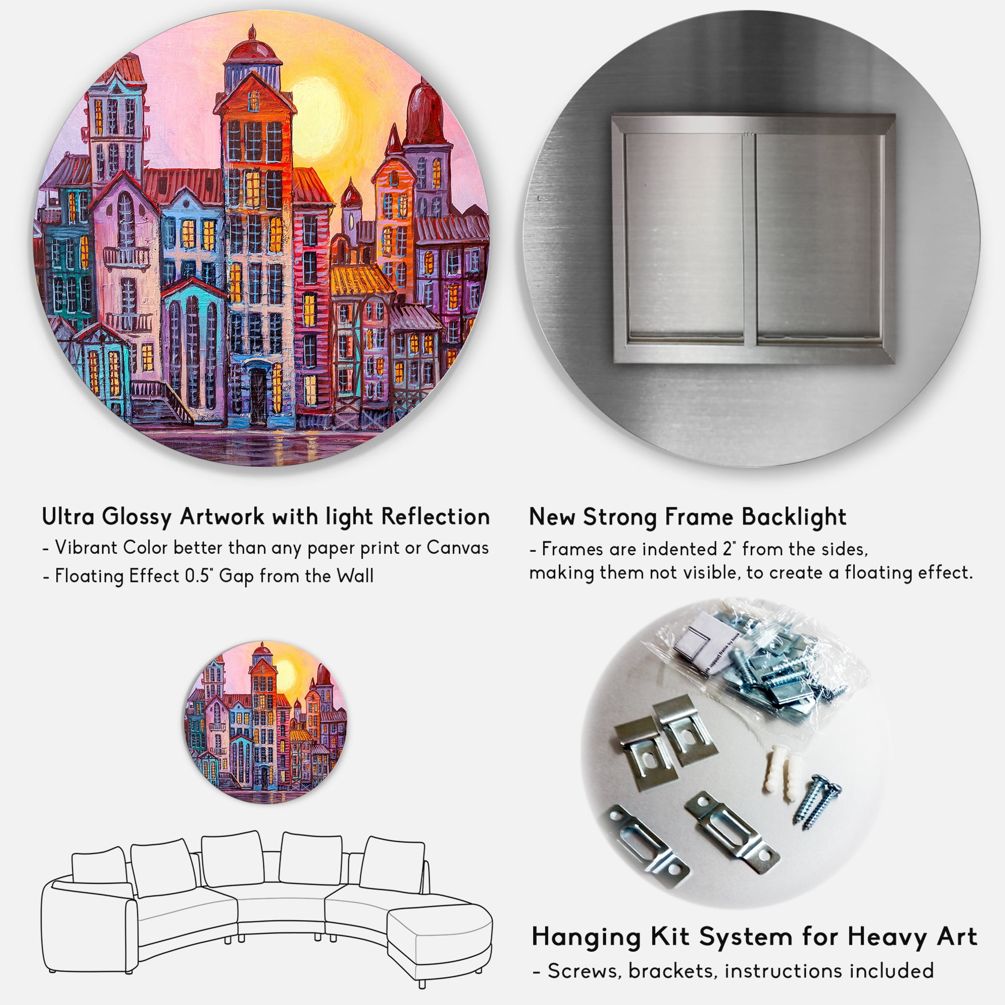 Designart 'Afternoon Street Scene In Old Town With Colorful Buildings' Mid-Century Modern Circle Metal Wall Art 23x23 - Disc of 23