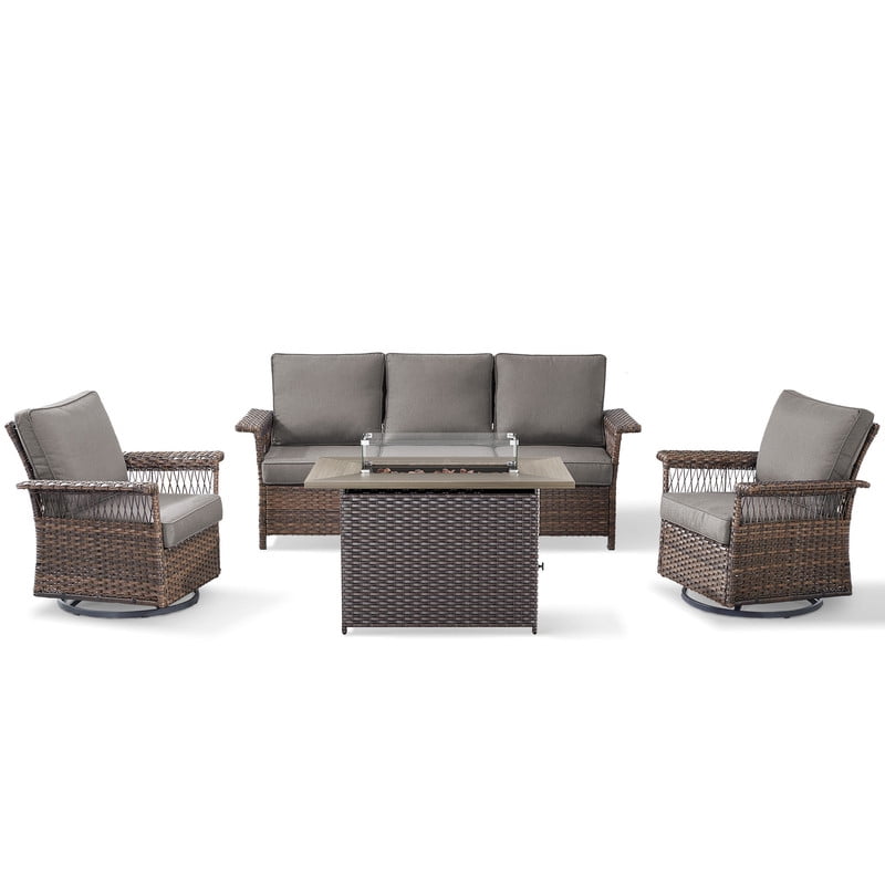 PARKWELL 4 Pieces Patio Furniture Set with Fire Pit Table, Outdoor All-Weather Wicker Conversation Couch Set with Swivel Gliders Chairs, Deep Seating Furniture for Porch Deck, Brown/Gray