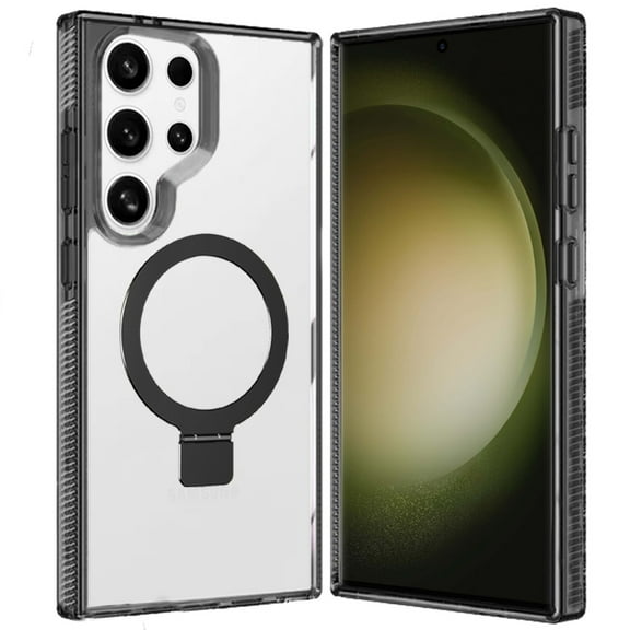 For Samsung Galaxy S23 Ultra Transparent HQ Magnetic Ring Circle Stand with MagSafe Compatible Hybrid Dotted Edged Cover ,Xpm Phone Case [ Black ]