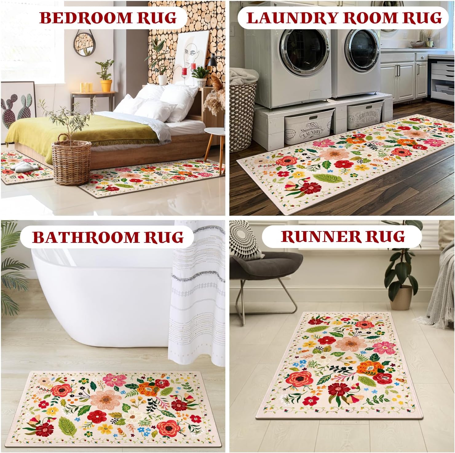 Kitchen Rugs and Mats Non Skid Washable Set of 2,Boho Floral Modern Farmhouse Bohemian Kitchen Runner Rugs with Rubber Backing for Kitchen Decor and Accessories (Green 17"x47"+17"x30")