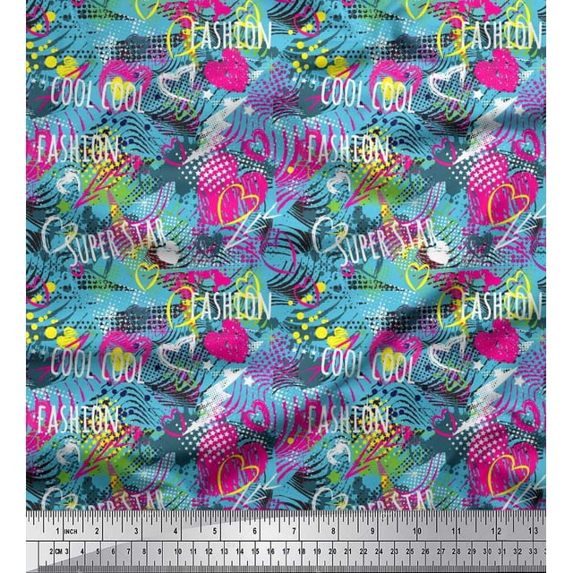 Soimoi Blue Rayon Crepe Fabric Heart,Star & Fashion Text Printed Fabric 1 Yard 46 Inch Wide