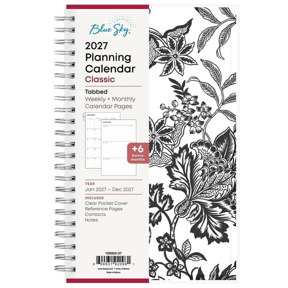 Blue Sky 2027 Weekly and Monthly Planner Calendar, January 2027 - December 2027, 5" x 8", Clear Pocket Cover, Laminated Tabs, Durable Twin Wire Binding, Analeis