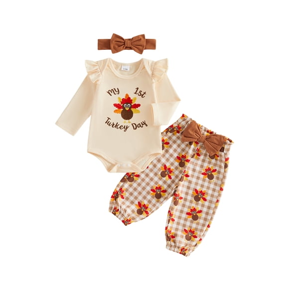 Cjfdfy Newborn Baby Girl Thanksgiving Fall Outfit Turkey Long Sleeve Romper Print Pants and Bow Headband 3pcs Infant Cute My First Thanksgiving Fall Winter Outfits 0-18M