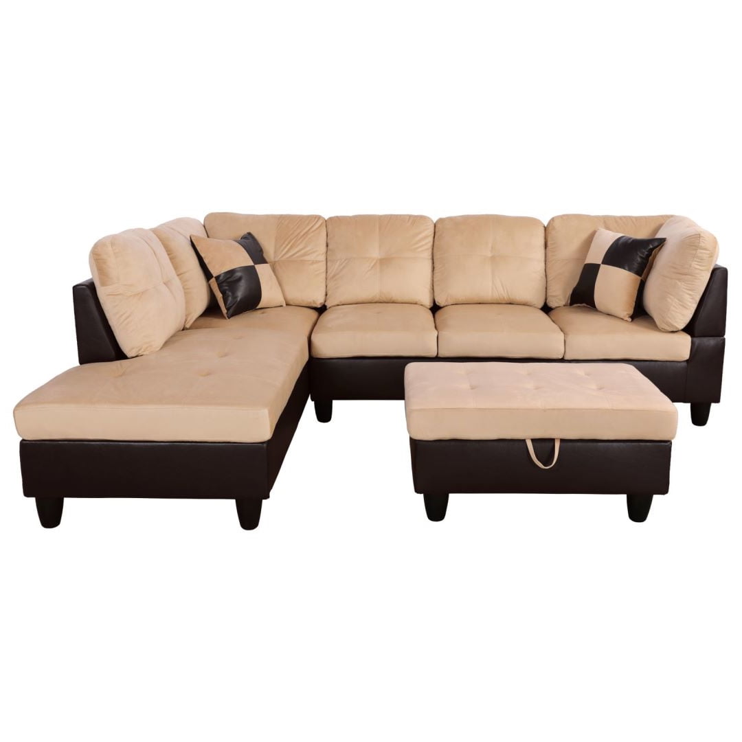 Hommoo Lint&PVC L Shaped Sectional Sofa, Sectional Couch Sofa, Modern Living Room Furniture Sets, Beige and Brown(No Ottoman)