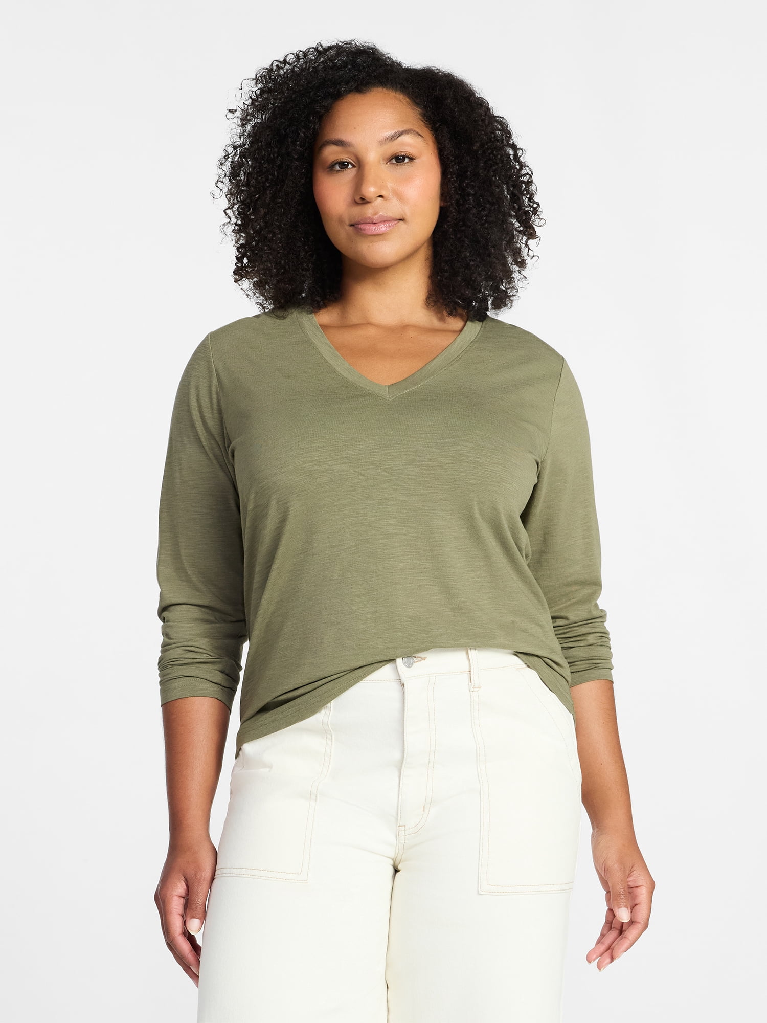Time and Tru Women's Slub V-Neck Tee with Long Sleeves, Sizes XS-XXXL